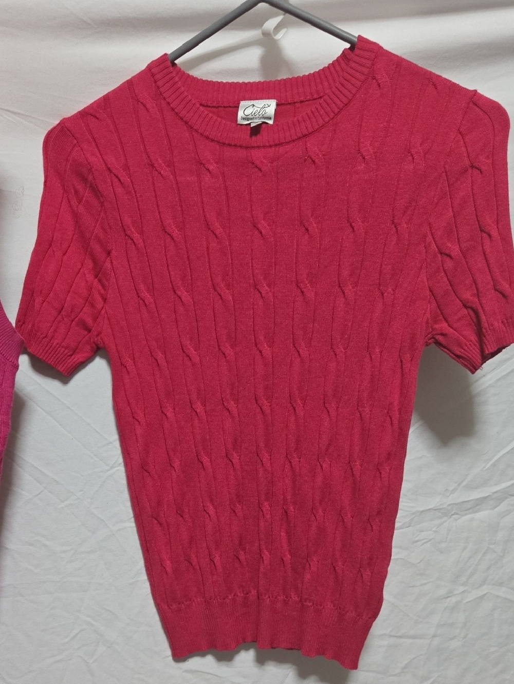 Cielo Bright Pink Short-Sleeve Cable-Knit Crew Sweater